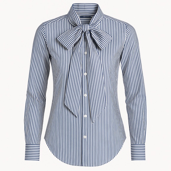 Ralph Lauren Sport Blue White Stripe Tie Front Blouse Button Down Top Sz 4 - Picture 2 of 12